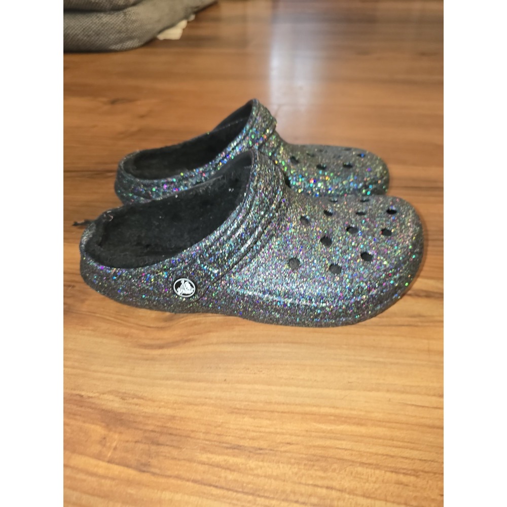 Crocs Classic Glitter Lined Clogs Slip On Shoes Black Multi Women 7 Men 5